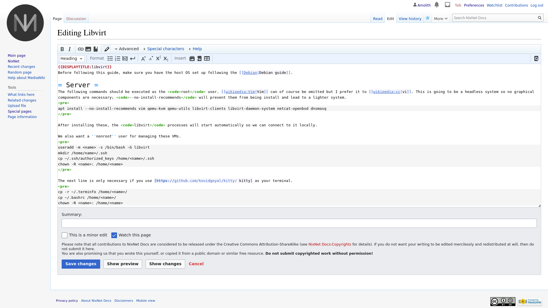 screenshot of the mediawiki editor. headers are larger, code blocksare highlighted, links blue with link text black so it&rsquo;s easy to pickout, etc. In all, it&rsquo;s a much nicerexperience.